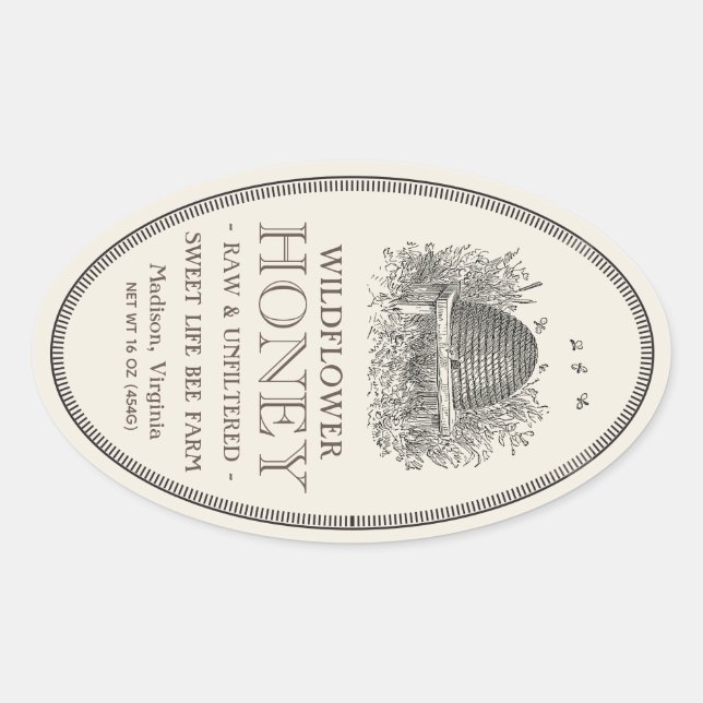 Bouteille Ovale Vintage au miel avec Étiquette fro (Devant)