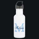 Bouteilles d'eau mariage monogramme bleu personnal<br><div class="desc">Bouteilles d'eau mariage monogrammées personnalisées. lettre initiale de nom vintage avec typographie de calligraphie de script stylisée pour nom. Design monogrammé élégant pour la campagne rustique chic douche nuptiale ou soirée de mariage élégante. Personnalisable avec nom, citation ou titre. Faites le votre pour que la mariée soit mariée et l'entourage...</div>