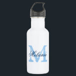 Bouteilles d'eau mariage monogramme bleu personnal<br><div class="desc">Bouteilles d'eau mariage monogrammées personnalisées. lettre initiale de nom vintage avec typographie de calligraphie de script stylisée pour nom. Design monogrammé élégant pour la campagne rustique chic douche nuptiale ou soirée de mariage élégante. Personnalisable avec nom, citation ou titre. Faites votre propre pour que la mariée soit mariée et l'entourage...</div>