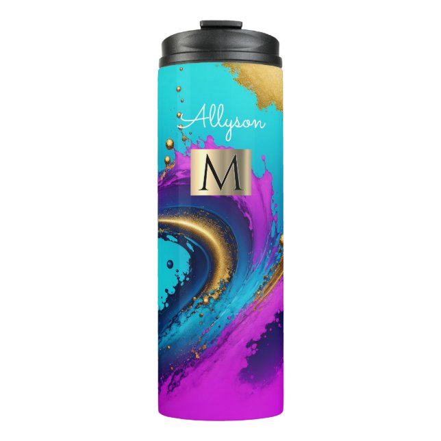 Bouteilles Isothermes Abstrait Liquide Dynamique, Nom & Monogramme (Devant)