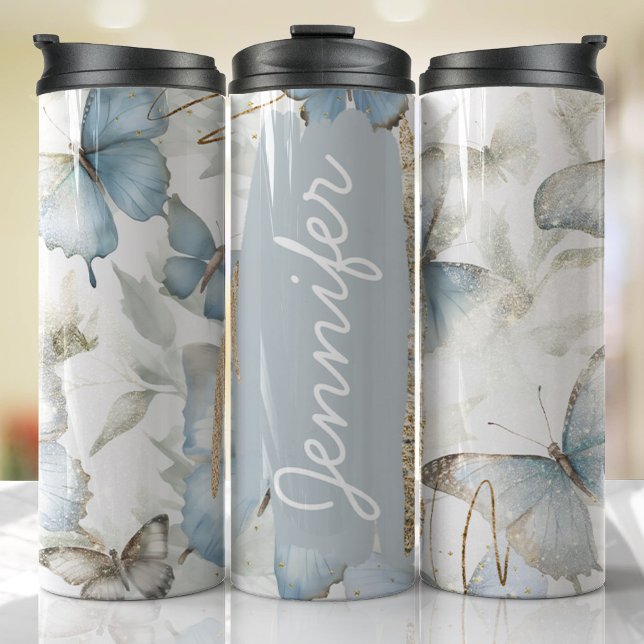 Bouteilles Isothermes Ajouter un nom Bleu Papillon personnalisé cadeau (Floral Tumbler )