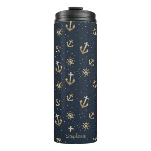 Bouteilles Isothermes Ancre d'or nautique et Motif Helm sur bleu