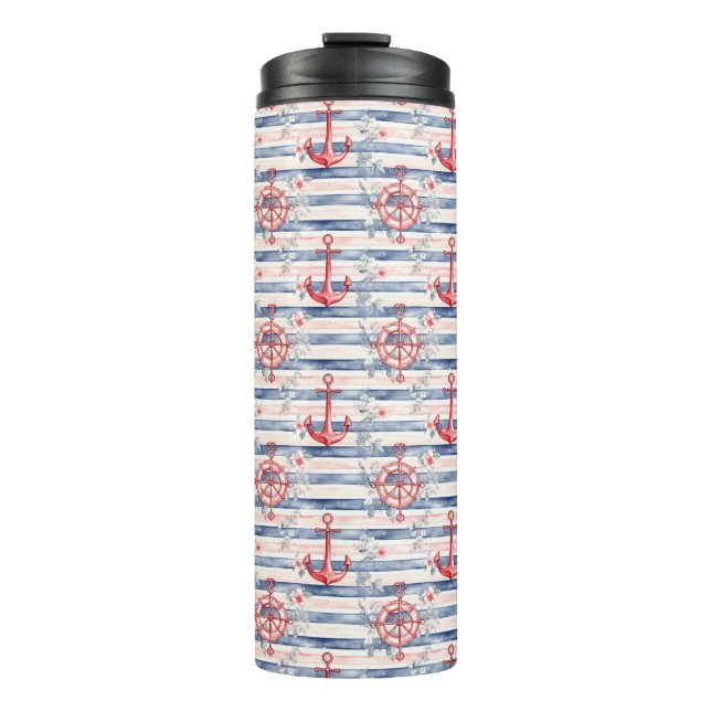 Bouteilles Isothermes Ancres Fleurs Rayures Bleu Rouge Plage  (Devant)