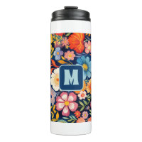 Années 70 60 Rétro Floral Monogramme Bleu et Orang