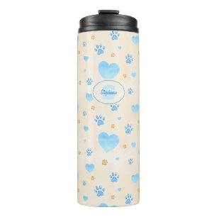 Bouteilles Isothermes Aquarelle Bleu Coeurs et Empreintes de pattes Moti