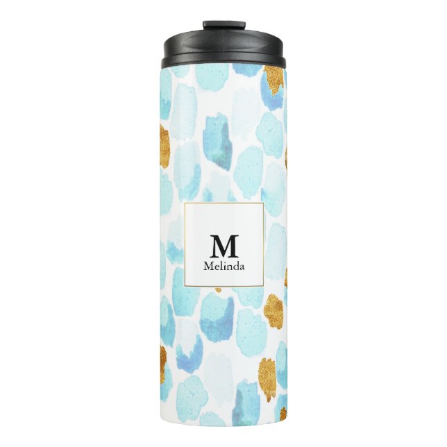 Bouteilles Isothermes Aquarelle bleu et or Points Monogramme Tumbler (Devant)
