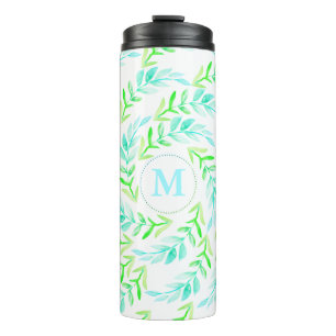 Bouteilles Isothermes Aquarelle Bleu Vert Laurels Foliquet avec initial