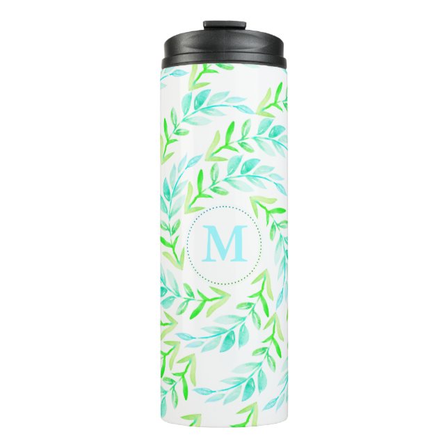 Bouteilles Isothermes Aquarelle Bleu Vert Laurels Foliquet avec initial (Devant)