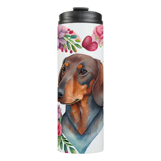 Bouteilles Isothermes Aquarelle Dachshund Entouré de coeur coloré (Devant)