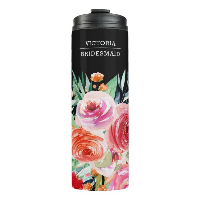 Bouteilles Isothermes Aquarelle noire Floral Custom Bridesmaid Nom (Devant)