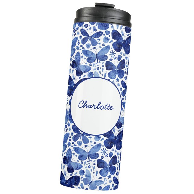 Bouteilles Isothermes Aquarelle papillon Marine Indigo Bleu Personnalisé (Navy indigo blue and white watercolor butterfly pattern personalized name thermal tumbler)