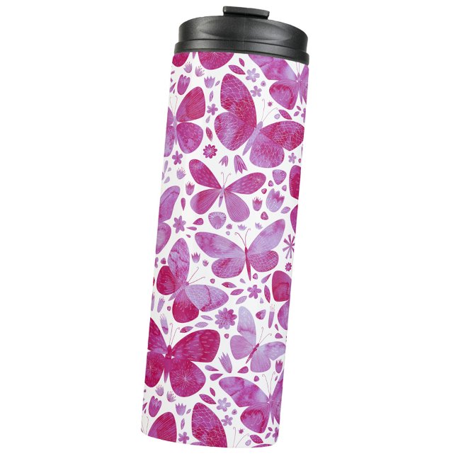 Bouteilles Isothermes Aquarelle papillon rose (Magenta pink and white watercolor butterfly pattern thermal tumbler)