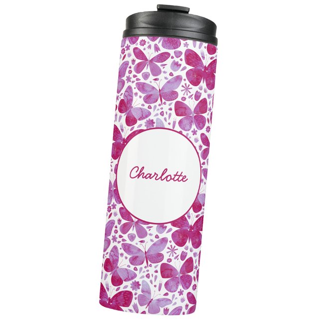 Bouteilles Isothermes Aquarelle papillon rose personnalisée (Magenta pink watercolor butterfly pattern personalized name thermal tumbler)
