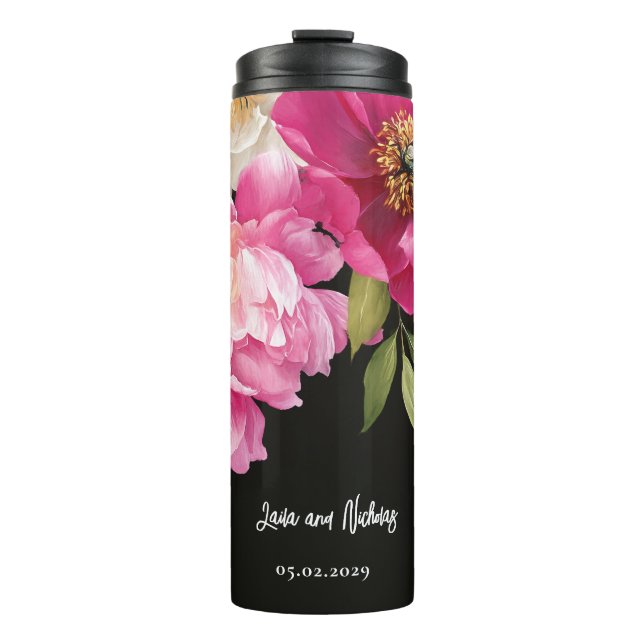 Bouteilles Isothermes Aquarelle rose et blanc Peony Mariage floral (Devant)