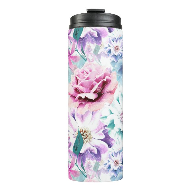 Bouteilles Isothermes Aquarelle rose, fleurs bleues. (Devant)