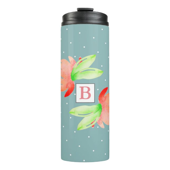 Bouteilles Isothermes Aquarelle rose Fleurs et Monogramme de feuillage (Devant)