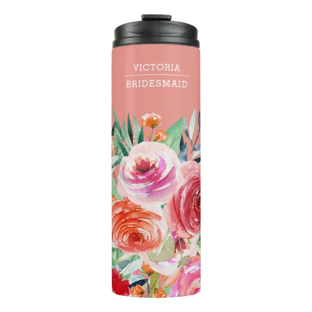 Bouteilles Isothermes Aquarelle rose Floral Custom Bridesmaid Nom (Devant)
