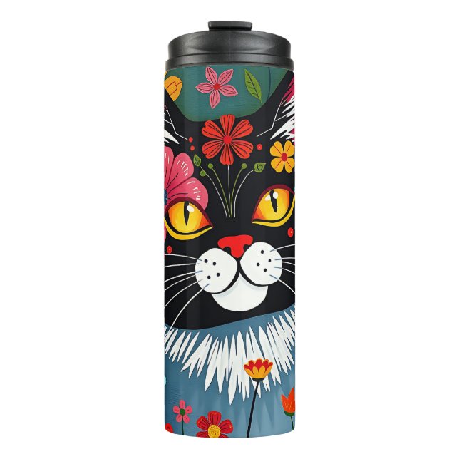 Bouteilles Isothermes Art populaire noir et blanc Chat et fleurs Whimsic (Devant)