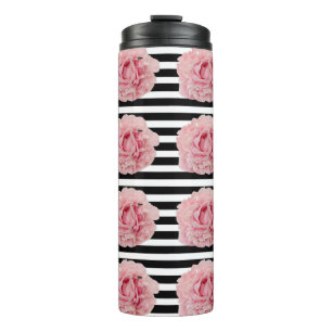 Bouteilles Isothermes Avryl Fleur rose Peony Black White Stripes