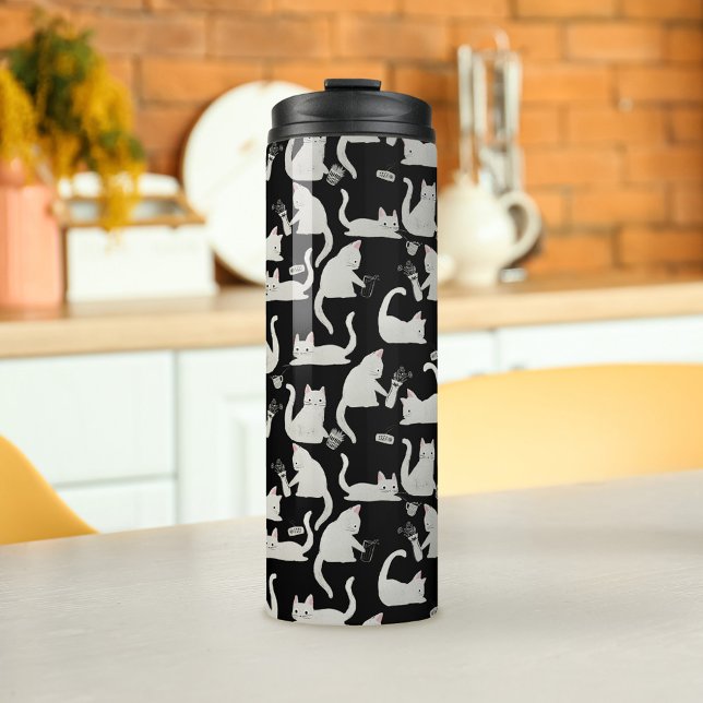 Bouteilles Isothermes Bad Cats Knocking Stuff Over, White Cats on Black (Bad Cats Knocking Things Over on Black Thermal Tumbler)