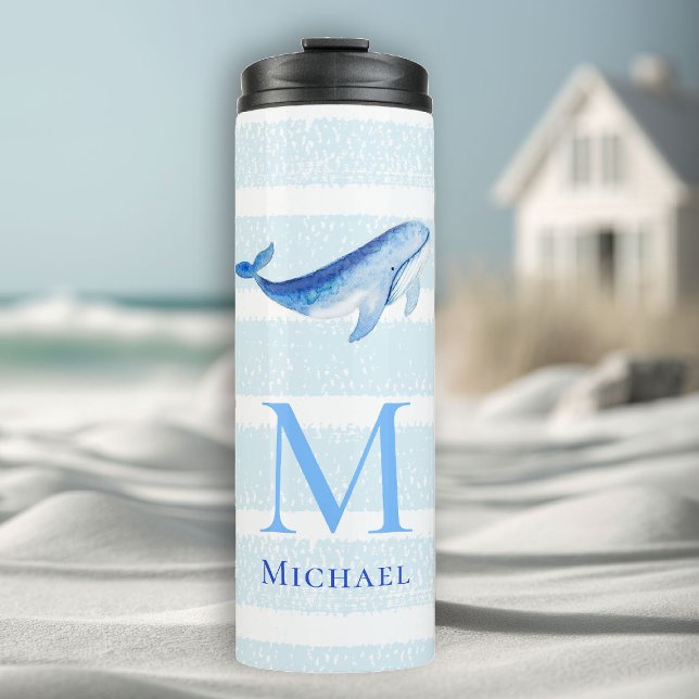 Bouteilles Isothermes Baleine Monogram Beach Aquarelle marine (boy tumbler personalized monogram whale sea blue stripes nautical ocean grandchild baby gift)