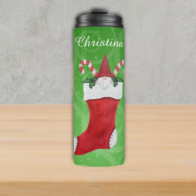 Bouteilles Isothermes Barbe blanche Gnome à Noël Encombrement sur les to (Cute gnome in red Christmas stocking with candy canes and holly on green swirled thermal tumbler.)
