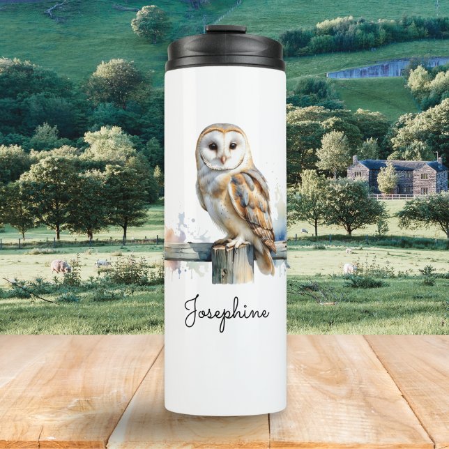 Bouteilles Isothermes Barn Owl Watercolor Bird Illustration Personalized (A thermal brown owl picture tumbler for keeping hot or cold drinks at the right temperature)