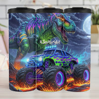 Bataille de camion monstre dinosaure enflammé
