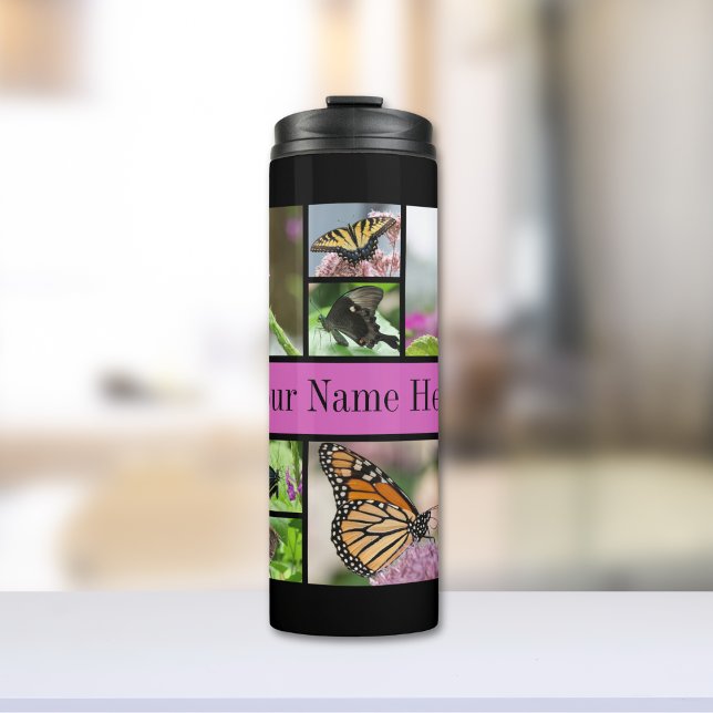 Bouteilles Isothermes Beau papillon et nom de famille floral (Pretty butterflies fill this thermal tumbler. Customizable with a name or phrase as well!)