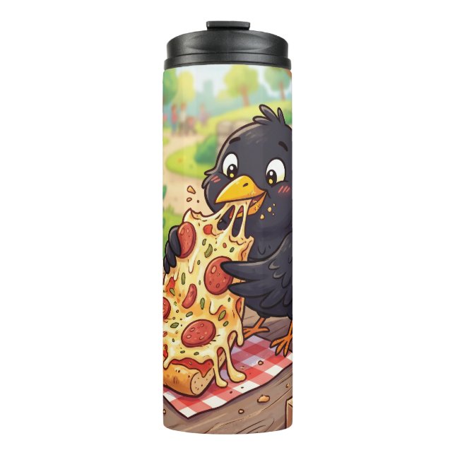 Bouteilles Isothermes Bébé Corbeau Cartoon Mangeant une Pizza (Devant)