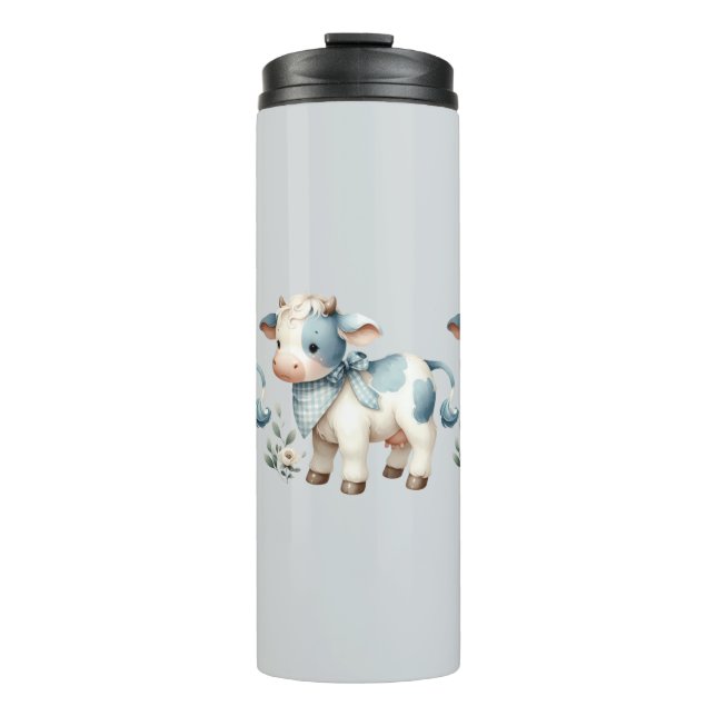 Bouteilles Isothermes Bébé Vache Gingham Bleu Pastel Esthétique Ferme (Devant)