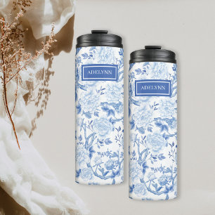 Bouteilles Isothermes Bleu Blanc Chinoiserie Porcelaine Florale Monogram