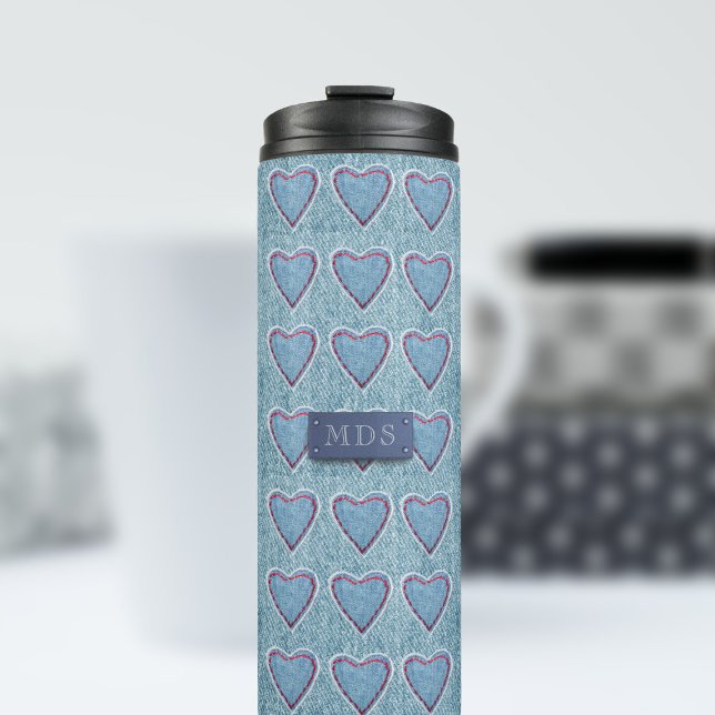 Bouteilles Isothermes Bleu Cute Denim Coeur Patchwork Thermal Tumbler (A cute blue denim heart pattern thermal tumbler with space for your initials)