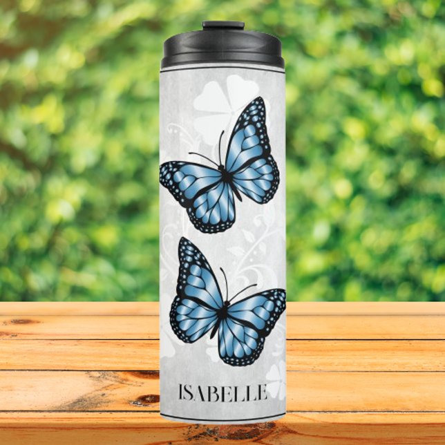 Bouteilles Isothermes Bleu papillon Floral Paruline thermique personnali (Blue Butterfly Floral Personalized Thermal Tumbler)