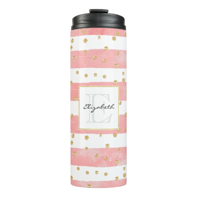 Bouteilles Isothermes Bleu rose | Faux Gold Confetti Monogramme (Devant)