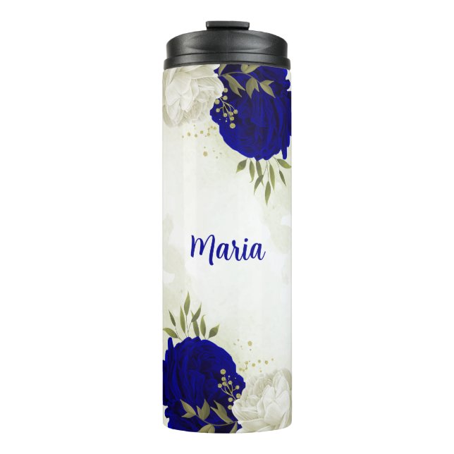 Bouteilles Isothermes bleu royal blanc floral verdure  (Devant)