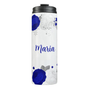 Bouteilles Isothermes bleu royal et fleurs blanches argent botanique