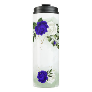 Bouteilles Isothermes bleu royal et fleurs blanches verdure