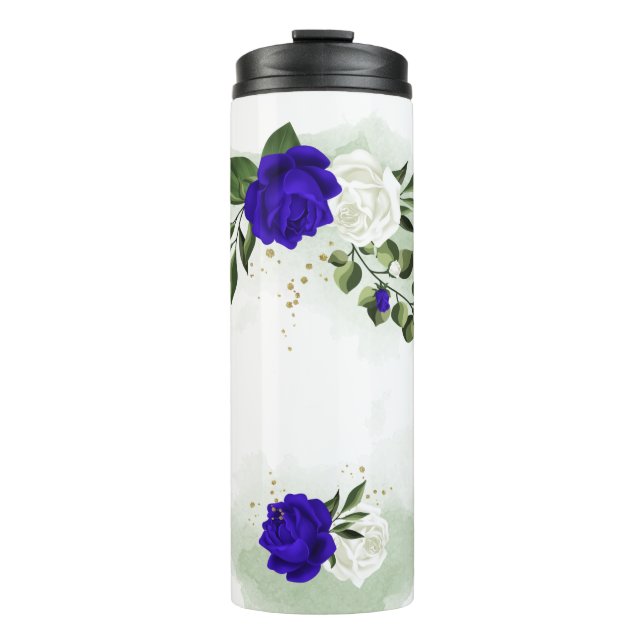 Bouteilles Isothermes bleu royal et fleurs blanches verdure (Devant)