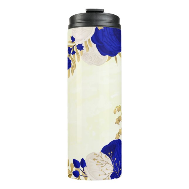 Bouteilles Isothermes bleu royal & fleurs blanches botanique or  (Devant)