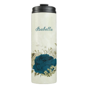 Bouteilles Isothermes bleu sarcelle beige floral mariage 