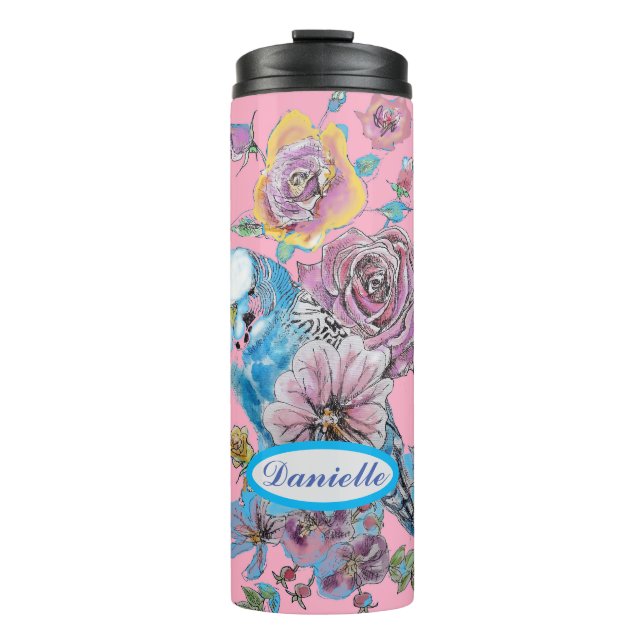 Bouteilles Isothermes Blue Budgie Budgerigar Rose aquarelle art floral (Devant)