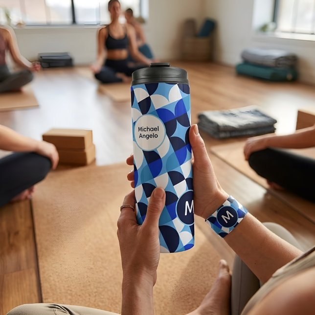 Bouteilles Isothermes Blue Geometric Mosaic Bauhaus Monogram Custom Name (Créateur téléchargé)