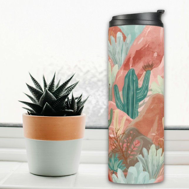 Bouteilles Isothermes Blush Desert Bloom Watercolor Landscape (Blush desert tumbler with watercolor cacti, terracotta canyons, and soft sage green desert blooms.)