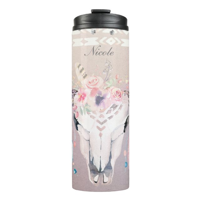 Bouteilles Isothermes Boho Chic Rustique Crâne de Vache Floral Bohème Pe (Devant)