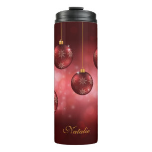 Bouteilles Isothermes Boules de Noël festives rouges avec nom personnali