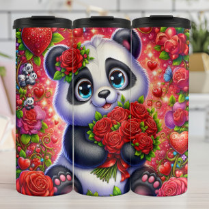 Bouteilles Isothermes Bouquet de rose rouge de panda mignon enveloppé