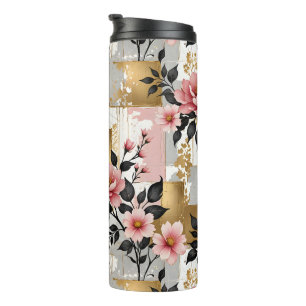 Bouteilles Isothermes Bouquets de fleurs roses avec or et Carrés blancs