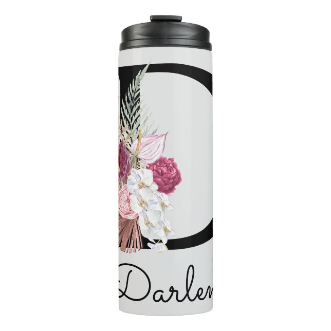 Bouteilles Isothermes Broderie Rose Boho Floral Initiale D (Devant)