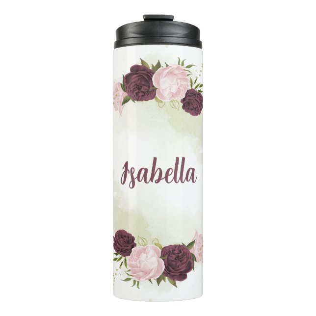 Bouteilles Isothermes cabernet vert rose fleuri (Devant)